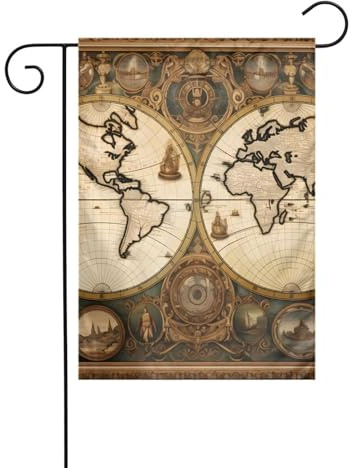WHJSHOP Drapeau de jardin vintage avec motif carte du monde ancien, 30,5 x 45,7 cm pour décoration de cour avec une largeur de poteau de 3 cm (drapeau uniquement, mât non inclus)