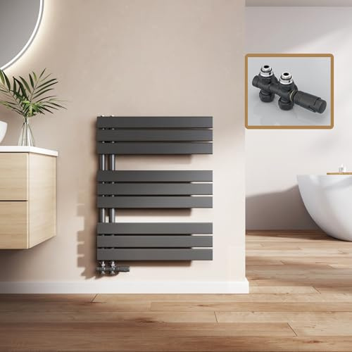 EMKE Badheizkörper mit Multiblock 762x600 mm, Flach Handtuchheizkörper mit Seitenanschluss, Effizienter Handtuchwärmer Handtuchtrockner Heizkörper für Bad, Schwarz, 479W