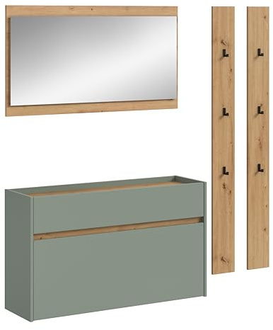 furnling Dravo Garderobenkombination, Salbei und Holzoptik Artisan Oak, 4-teilig mit Schuhkommode, Spiegel und Garderobenpaneelen, modernes Design, Made in EU