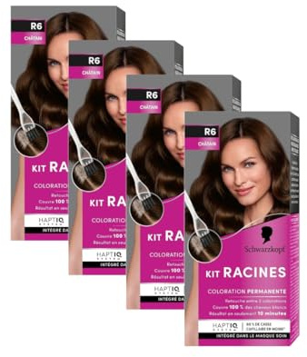 Schwarzkopf - Lot de 4 Kit Racines - Coloration Racines Cheveux Permanente - Enrichie d’une huile nourrissante - Couverture Cheveux Blancs - Retouche entre 2 Colorations - Châtain R6