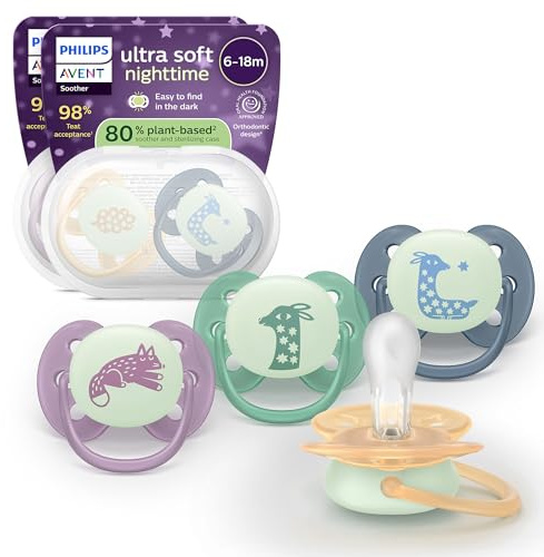 Philips Avent Ciucci Ultra Soft Nighttime – Design ortodontico, da 6 a 18 mesi, si illuminano al buio, tettarella in silicone, no BPA, custodie per sterilizzazione, pack da 4 pezzi, SCF094/08
