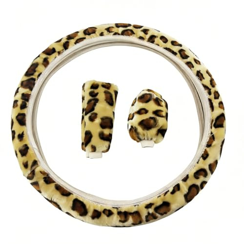 QOCUILC 3-teiliges Leopard Lenkradbezug Set – Auto Lenkradabdeckung Winter 36–39 cm mit Schalthebel- & Handbremsbezug, Plüsch Lenkradhülle Universal Lenkradschutz für Damen & Herren