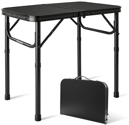 Mesa Plegable Camping 60x40 cm, altura ajustable 26/55 cm, con asa; patas de aluminio y tablero MDF fácil de limpiar, ligera y fácil de transportar para balcón, terraza y playa, picnic y pesca, negro