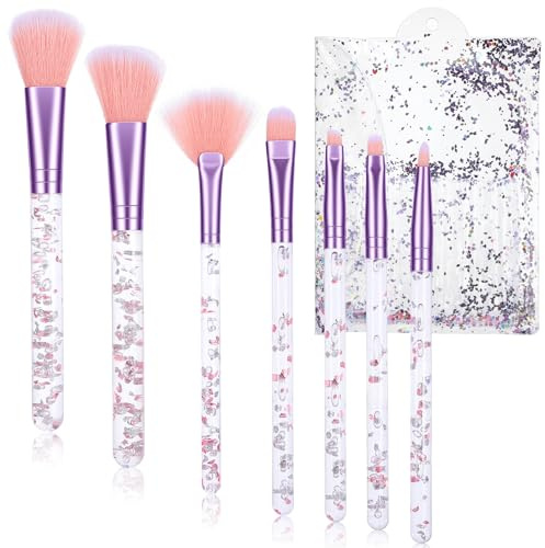 7 Pcs Makeup Brush Set - Crystal Sparkles Pink Make up Brushes - Blush Powder Fan Lip Eye Shadow Eyebrow Eye Blender Brushes