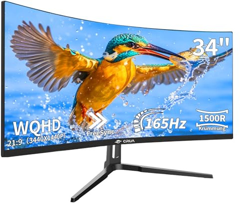 CRUA 34 Inch WQHD Ultrawide Gaming Monitor,165Hz,1500R Curved Screen 21:9 with HDR10 & FreeSync,PBP & RGB Ambient Lighting,HDMI 2.1/DP 1.4 Ports,Ideal for PS5 Gamers & Multimedia Professionals