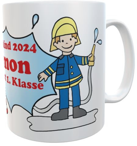 Tasse Schulkind 2024 Feuerwehr zur Einschulung Jungen Mädchen Zuckertüte inkl.Geschenkverpackung