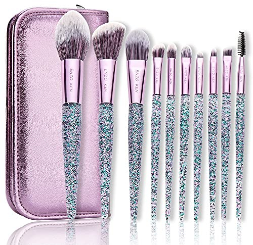ENZO KEN Violett Glitzer Make-up Pinsel Set mit Handtasche, Veganes Glitzerndes Lidschatten Pinsel mit Reisetasche, für Gesichtskontur, Augen, Augenbrauen, Foundation, Concealer, Komplettes Kits.