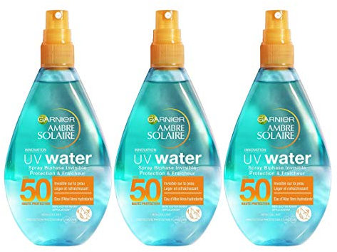 Garnier Ambre Solaire - UV Water - Spray bifasico invisibile, protezione e freschezza FPS 50, 150 ml, confezione da 3