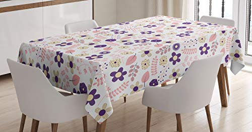 ABAKUHAUS Floral Nappe, Dahlia et Chrysanthème, Linge de Table Rectangulaire pour Salle à Manger Décor de Cuisine, 140 cm x 170 cm, Violet Corail et crème