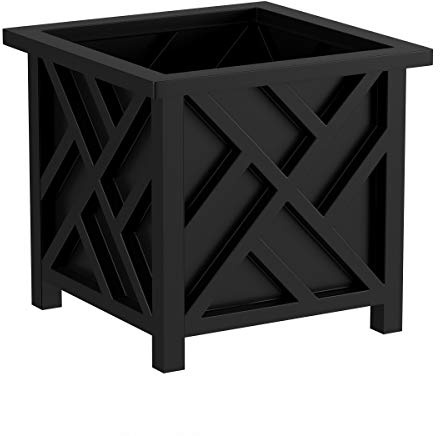 Lattice Design Outdoor Planter Box - 14.75” Square 13” Tall Black Plant Pot - Decorative Plant Pots for Front Porch Decor - Flower Pots Outdoor Planters for Porch Patio or Garden Decor by Pure Garden