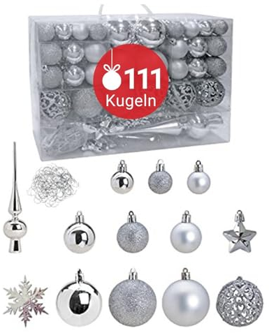 WOMA Christbaumkugeln Set Silber & 19 weiteren Farben - 111er Weihnachtskugeln Set inkl. Metallhaken - Weihnachtskugeln Kunststoff - Weihnachtsbaum Deko & Christbaumschmuck