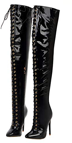 Etebella Damen Overknee Stiefel Lack mit Schnürung Langschaft Stiletto High Heels Spitz Zipper Boots Sexy Winter Schuhe