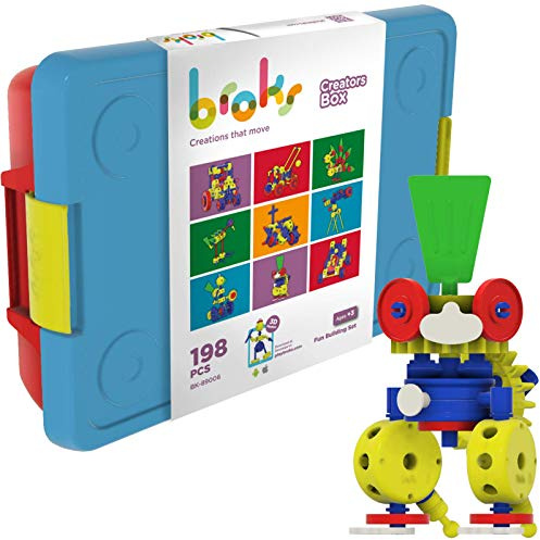 Broks Creators Box – Juguete de construcción Stem 3–9 años, 198 Piezas, Modelos Paso a Paso con guía en Papel y App; Engranajes y articulaciones Que Permiten Movimiento