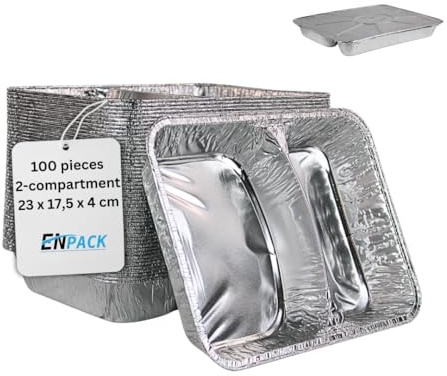 Enpack Aluschale R808-1020G - 100 Stück Aluschalen mit Alu-Deckel 980 ml Füllmenge - Zweigeteilte Menüschale 227 x 177 x 38 mm - Grillschalen - Einwegverpackungen - Assietten für Pasta/Nudeln