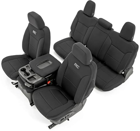 Rough Country Neoprene Seat Covers for Chevy Silverado & GMC Sierra 1500 (2019-2026) w/No Rear Seat Storage or Cup Holder - Waterproof & UV Resistant, Foam Padded, Front & Rear Row Cover Set