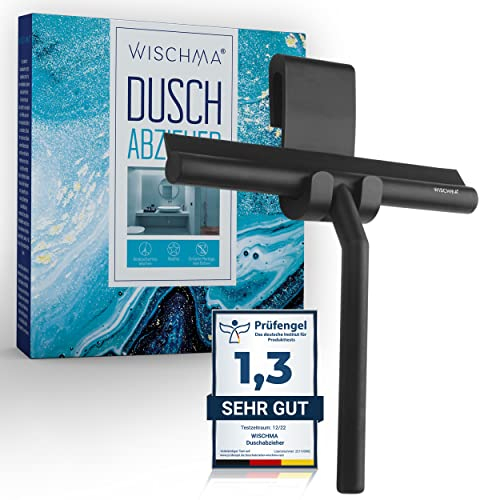 WISCHMA Duschabzieher aus Silikon, schwarz – Abzieher für Dusche mit Halterung ohne Bohren, Edelstahl-Kern, Glasabzieher streifenfrei für Glas, Spiegel und Fliesen