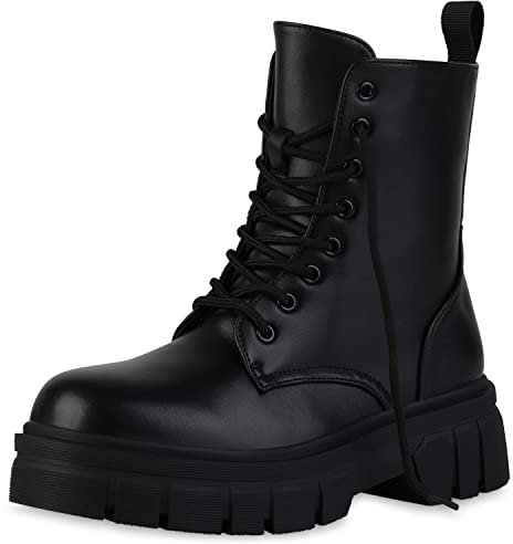 VAN HILL Damen Stiefeletten Plateau Boots Blockabsatz Schuhe Freizeit Stiefel Profilsohle Booties Plateauschuhe 207057 Schwarz 36