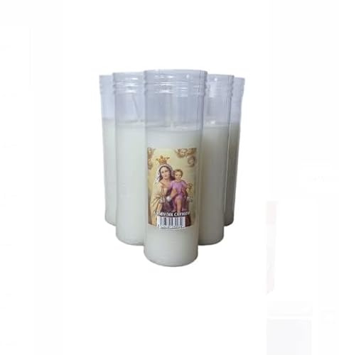 Pack de 6 velones V-7 con estampación de la virgen del carmen blanco