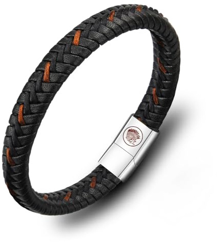 Casisto.J Lederarmband Herren Armband Herren Männer Leder Edelstahl Gravur Schwarz Braun Geflochten mit Magnet Verschluss