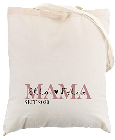 Herz & Heim® Stoff-Beutel personalisiert/Baumwolltasche/lange Henkel/Geschenk-Idee für Mama (Naturweiß)