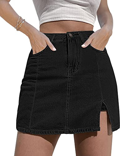 luvamia Flexclusive Skorts Skirts for Women Denim Mini Skort Side Slit with High Waisted Jean Shorts Stretchy Black Mini Beach Shorts for Women Jean Skirt Soft Black Size Large Size 12-14