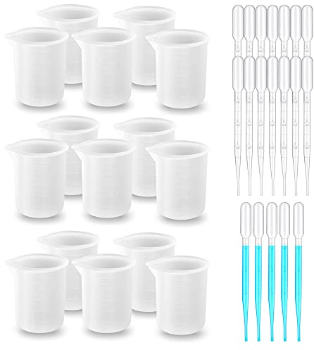 Woohome 15 Stück Silikon Messbecher, 100 ml Mischbecher Epoxidharz Silikonbecher für Harz mit Plastiktropfen für Epoxidharzmischung, Schmuckherstellung