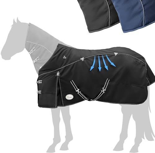 Esposita Airflow Outdoordecke Regendecke mit 300g Thermodecke Outdoordecke Paddockdecke Champion Edition optimales Klima ohne Hitzestau 100% wasserdicht Pferdedecke 125cm 300g Füllung Schwarz