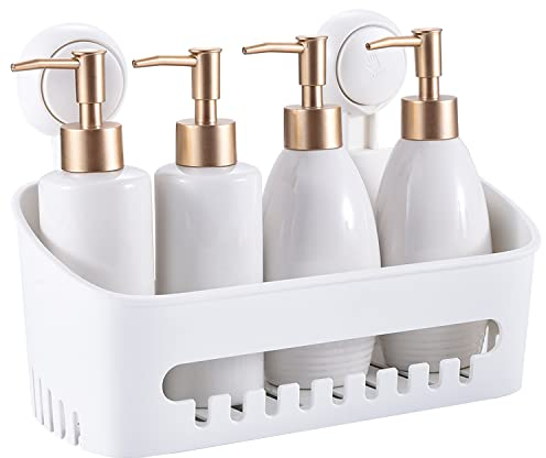 MASS DYNAMIC Shower Caddy Suction Mounted, No Drilling Bathroom Shelf Organiser Waterproof, Removable & Reusable Shower Basket Storage Organizer for Shampoo Conditioner Razors Soap – White