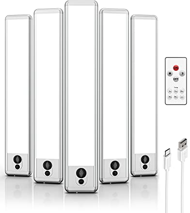 EZVALO Schrankbeleuchtung 23cm mit Fernsteuerung & Bewegungsmelder, 1600mAh USB Unterbauleuchte Küche LED, 5700K Unterschrank Beleuchtung für Kleiderschrank, Küche, Treppe (5 Stück)