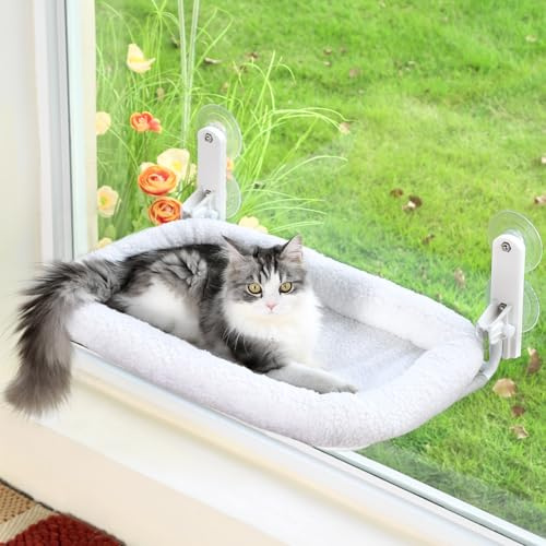 Zakkart Faltbare Katzenhängematte für Fenster - Kabellos, Eingebettetes Maschinenwaschbares Bett, Robuster Metallrahmen, Katzenfensterstange für große Katzen und Kätzchen (weißes, Mittel)