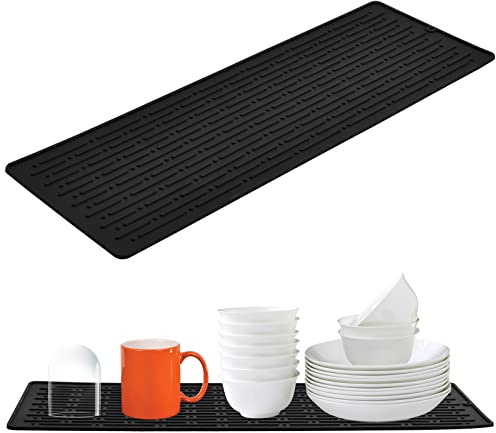 Tinsellns Dish Drying Mat, 40.5x14.5cm, Black, Silicone, Wavy Pattern, Non-Slip, Heat Resistant, Kitchen & Home