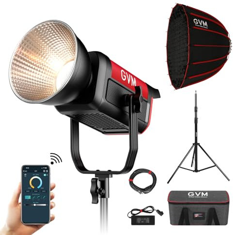 GVM Kit d'éclairage vidéo 200 W, studio d'éclairage vidéo LED pour réseau maillé APP/contrôle DMX, kit d'éclairage continu 45400 lux/1 m pour enregistrement de film, 12 effets d'éclairage, 2700 K-6800