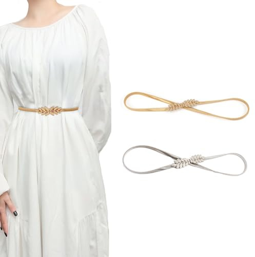 Spldsun 2 Stück Damen Taillengürtel, Hüftgurt Blätter, Elastischer Gürtel Damen, für Hochzeiten, Familienfeiern, Weihnachtsfeiern (Gold, Silber)