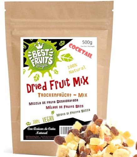Torkad frukt - MIX 9 papaya, banan, ananas, grapefrukt, kokosnöt, melon, kiwi, mango och äpple 500g - perfekt för kakor, cocktails eller snacks - med naturligt rörsocker - vegan