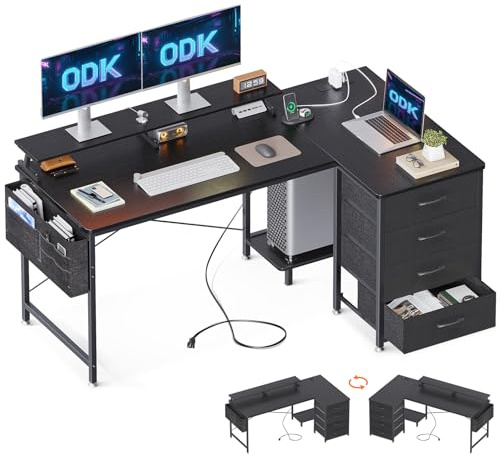 ODK L Shaped Computer Desk with Drawers & Monitor Stand, 140 x 80 cm, Black