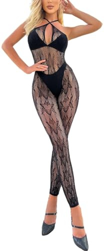Bommi Fairy Women's Lingerie Sleeveless Fishnet Leaf Design One-piece Mesh Bodysuit Crossover Halter Sexy Outfit