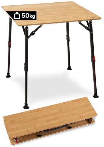 qeedo Quick Kimmy Campingtisch - klappbarer Bambus Tisch höhenverstellbar 43 bis 70 cm - Faltbarer Campingtisch mit Tragegriff & Packtasche - Stabiler Outdoor Tisch für Camping, Garten und Picknick