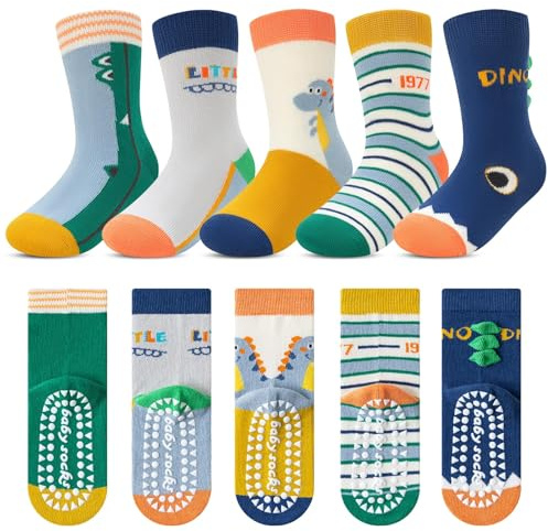 Kyopp 5 Paar Stoppersocken Kinder Baumwolle Socken Jungen Mädchen ABS Anti Rutsch Socken, ABS-liten dinosaurie, 29-32