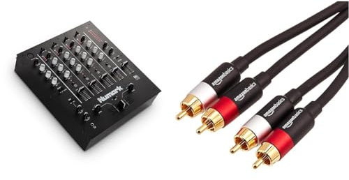 Numark M6 USB - Mezclador DJ de 4 canales, interfaz de audio integrada, EQ de 3 bandas, entrada & Amazon Basics - Cable de audio RCA (2 machos a 2 machos), 2.4 metros, Negro, Oro, Rojo, Blanco