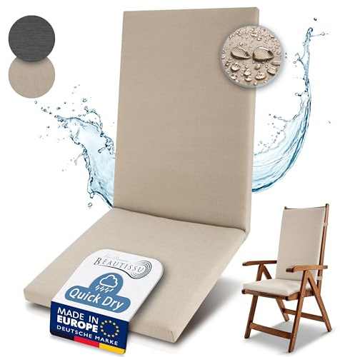 Beautissu Premium Cojín Silla Jardin con Respaldo Alto 100% Impermeable 120x50cm – Cómoda Fácil Cuidar Cojín Silla Exterior para Muebles Jardín – Acolchado Secado Rápido Beige