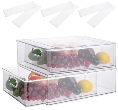 LOPYXBR 2PCS Fridge Drawers Pull-out Storage, 6L Fridge Organisers with Pullout Drawer with 3 Dividers, Stackable Clear Drawers Organiser, Fridges Storage Containers for Freezer, Cabinet, Kitchen