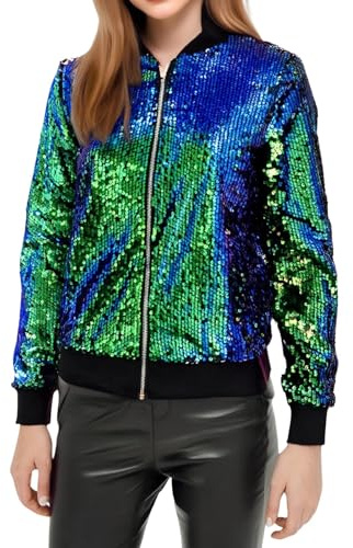 Baseball Jacke Damen Pailletten Stehkragen Reißverschluss Jacke Glitzer Langarm Bomberjacke Elegant Bikerjacke Übergangsjacke Blouson Jacken Pilotenjacke Bomber Jacket