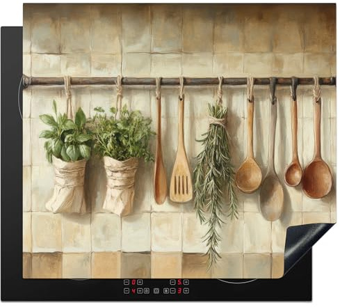 KitchenYeah© Protection Plaque Induction Protege Deco Cuisine Cache Protège | 59x52 cm - De Cuisson Accessoires Bois - Ustensiles de Cuisine - Nature Morte - Carreaux de Faïence
