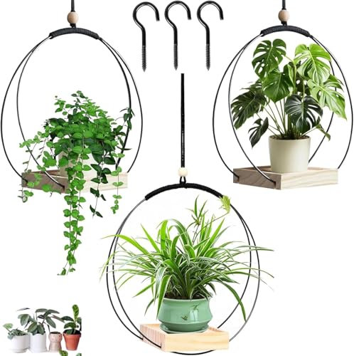 Generisch Blumenampel Hängend Innen - Metall Blumenampel Schwarz, Hängeampel Mit Holzsockel, Decke Hängende Pflanzer, Hängetopf Für Pflanzen Für Zimmerpflanzen Sukkulenten Luftpflanzen Kaktus
