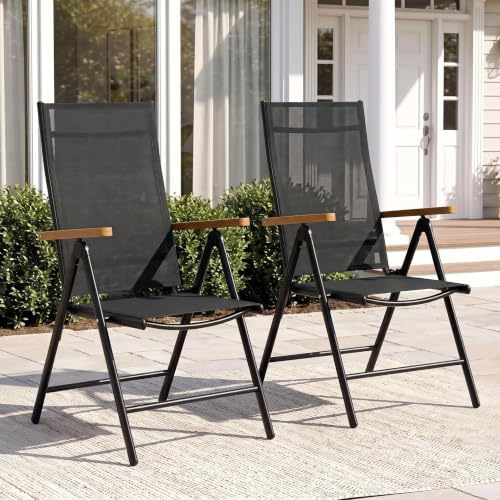Clevich Alu Gartenstühle Hochlehner 2er Set, Balkonstuhl Klappbar | Balkonstühle 7-Fach Verstellbar bis 120kg, Leicht Campingstühle, WPC Armlehnen, Ergonomisch Atmungsaktiv & Wetterfest