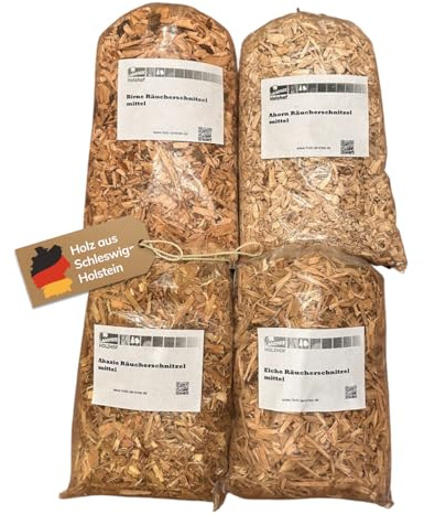 Landree® Starter-Set Räucherschnitzel Vegetarischer Genuss – 4x2L Akazie, Ahorn, Birne, Eiche – BBQ Räucherholz für Gemüse, Käse & Fleisch – naturbelassen & handverarbeitet – Made in Germany