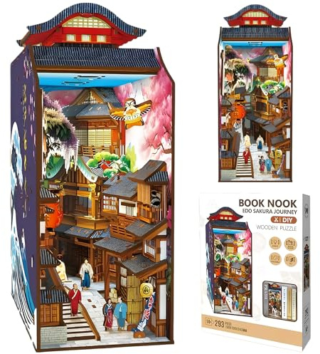 Malau – Book Nook Puzzle 3D Bois avec Lumière LED | Kit DIY Serre-Livre Maquette Adulte | Décoration Miniature Librairie Magique | Cadeau Noël & Collection (Edo Sakura Journey)