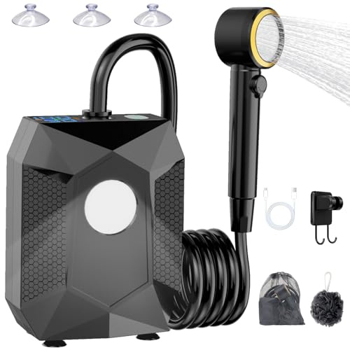 Upgraded Camping Light Portable Shower, 5 Pressure Levels & 4 Shower Modes Rechargeable Camping Shower Pump with Intelligent LED Display, 6000mAh Outdoor Shower for Camping, Hiking, Travel, Car
