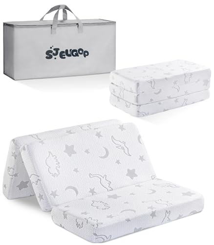 SJEUQOP Trifold Pack and Play Mattress 38x26, Pack N Play Mattresses with Dual Sided Soft & Firm Memory Foam Foldable Portable Crib Baby Mattress with Washable Cover and Carry Bag