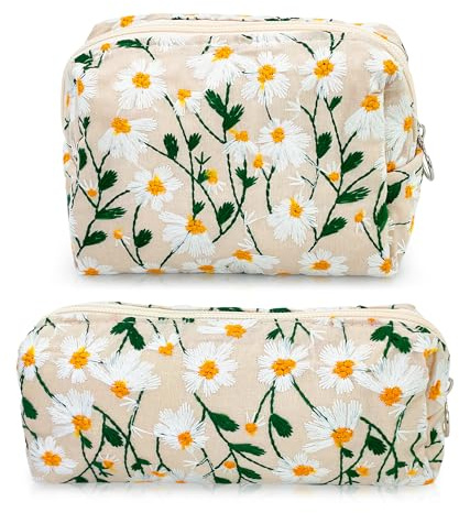 SHEPIN 2er Set Kosmetiktasche Groß Klein, Damen Schminktasche Stickerei GänseblümchenReise Waschtasche Kosmetikbeutel Makeup Toiletry Bag Beautycase Kulturbeutel für Frauen Teenager Mädchen (Beige)